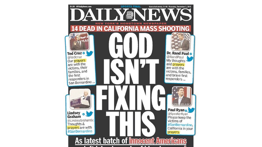 Newspaper front page: "God Isn't Fixing This"