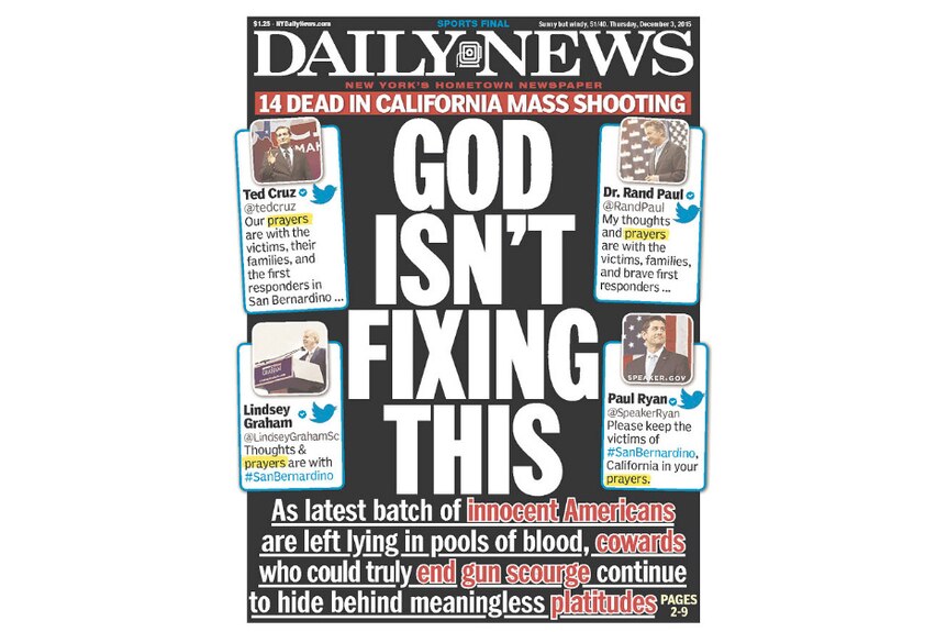 Newspaper front page: "God Isn't Fixing This"