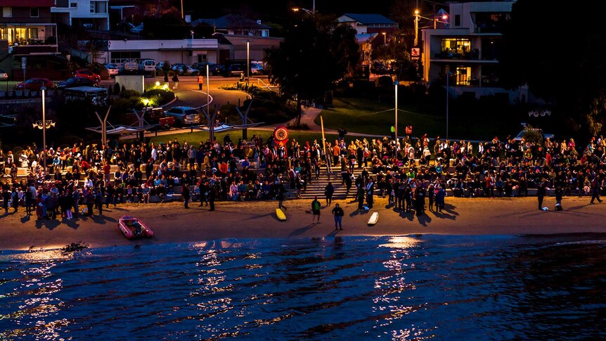 Participants wait for start of Dark Mofo 2018 nude swim.