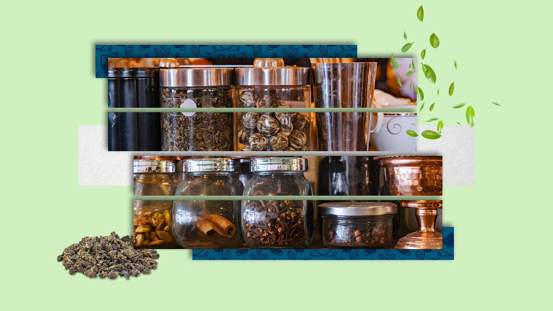 A photo of different types of tea in jars on a shelf.