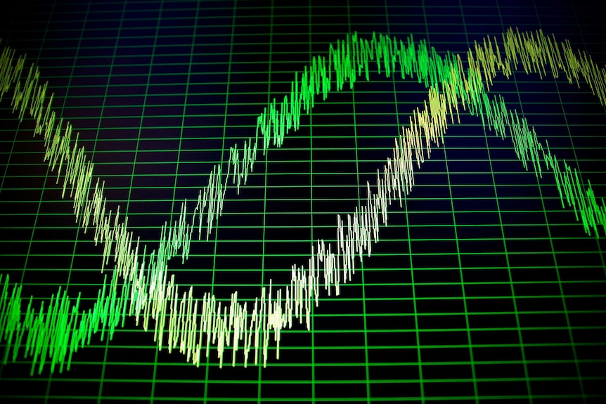 A green sound spectrum oscillating on PC screen.