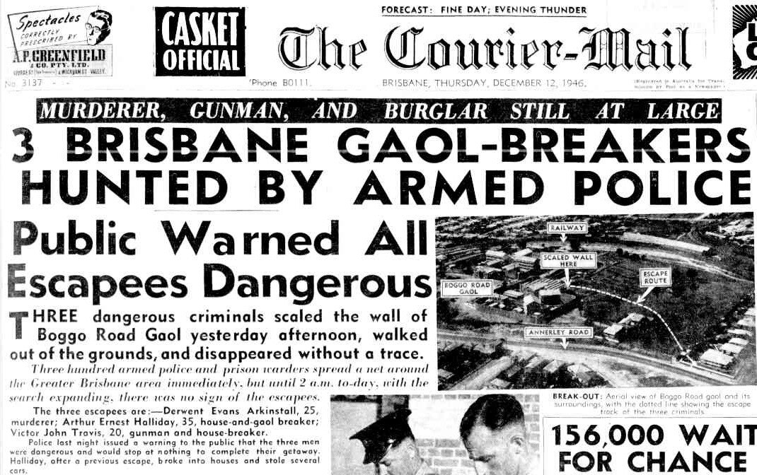 A newspaper article discussing a prison breakout from Boggo Road Gaol.