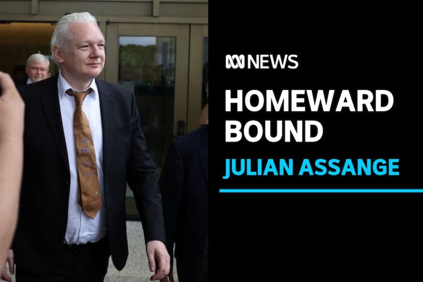 Homeward Bound, Julian Assange: Julian Assange walks smiling through a press pack outside a courthouse.