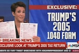 MSNBC host Rachel Maddow holds up two pages of Donald Trump's 2005 tax return