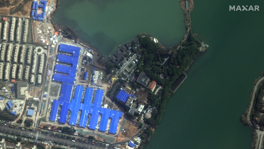 A satellite image of the Huoshenshan facility in Wuhan with newly complete hospital