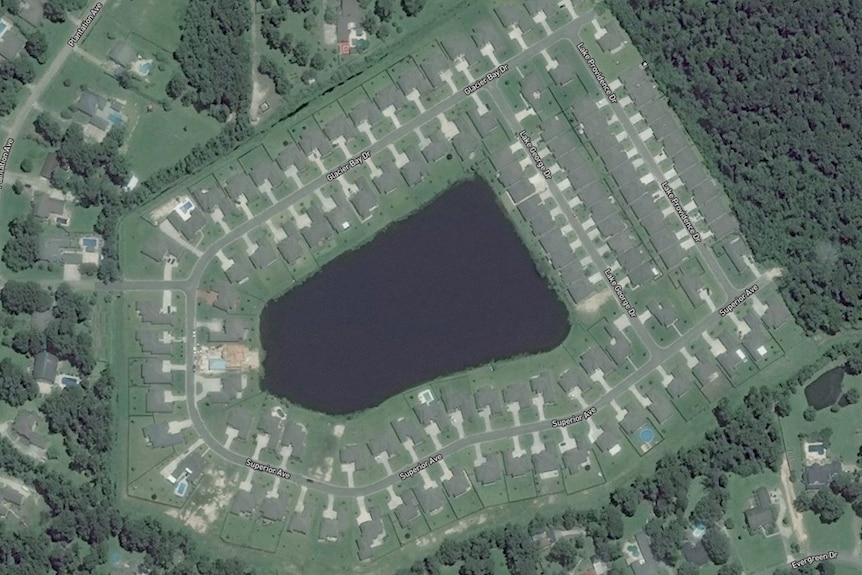 Satellite imagery shows a lakeside housing estate in Louisiana.
