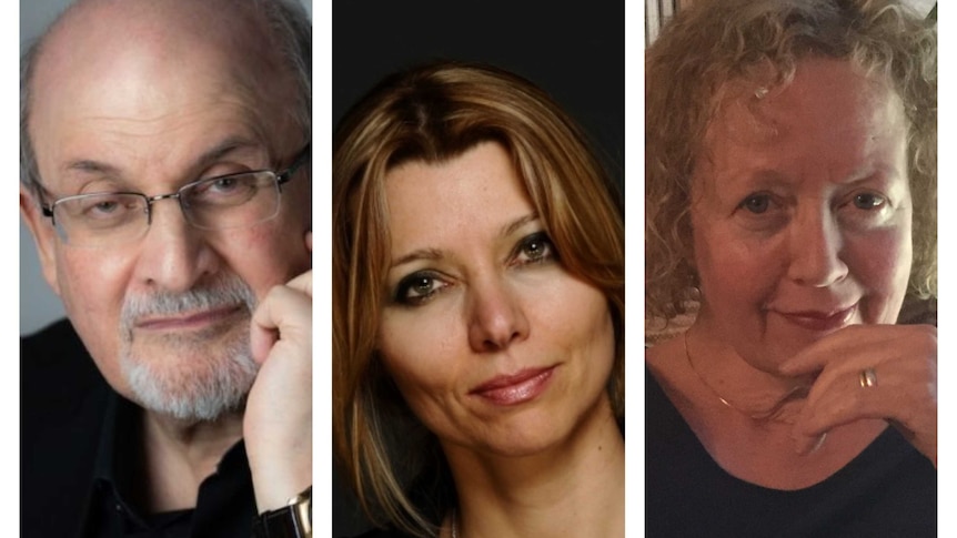 Headshots of Salman Rushdie, Elif Shafak, and Lucy Ellman