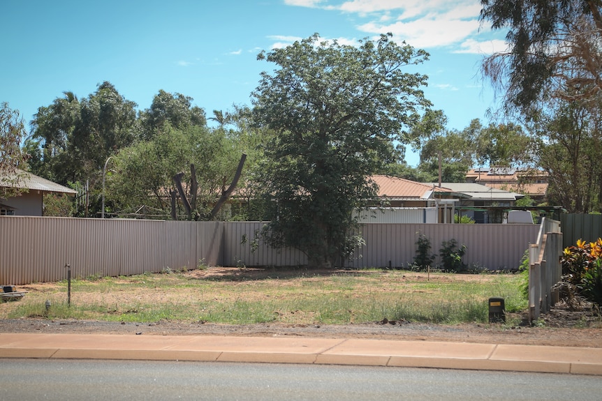 A vacant block of land surrounded by other homes and trees