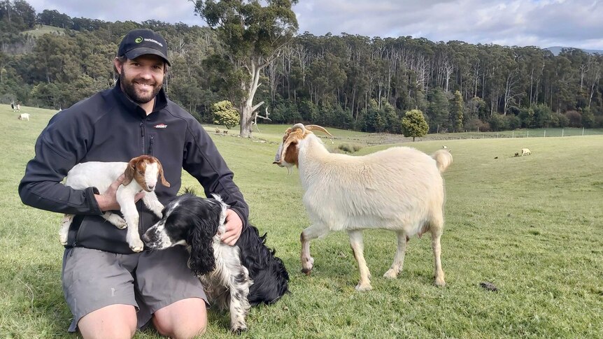 a farmer kneels down on a paddock, holding a baby goat and his dog
