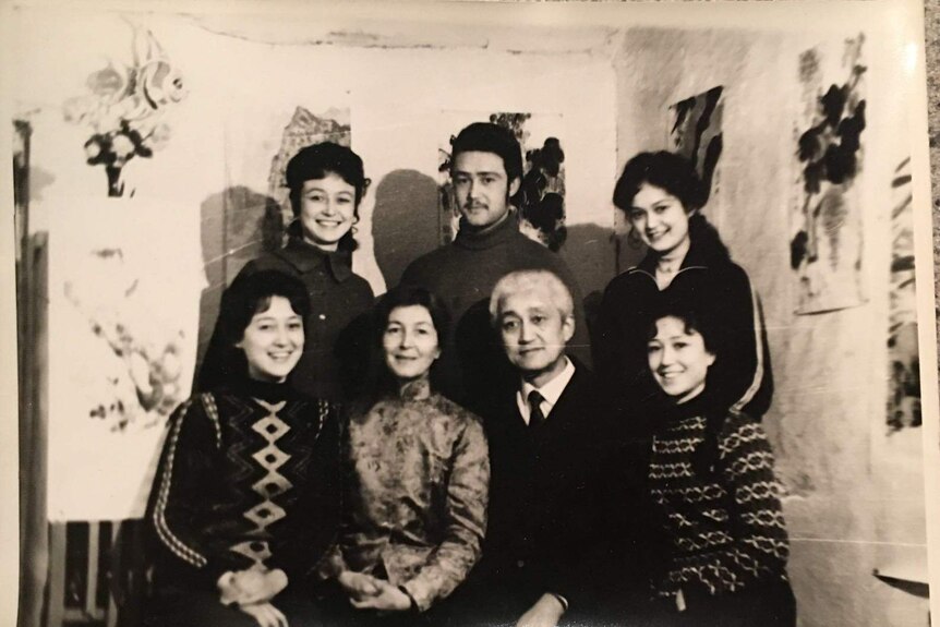 Black and white photo of the Tankin family in China