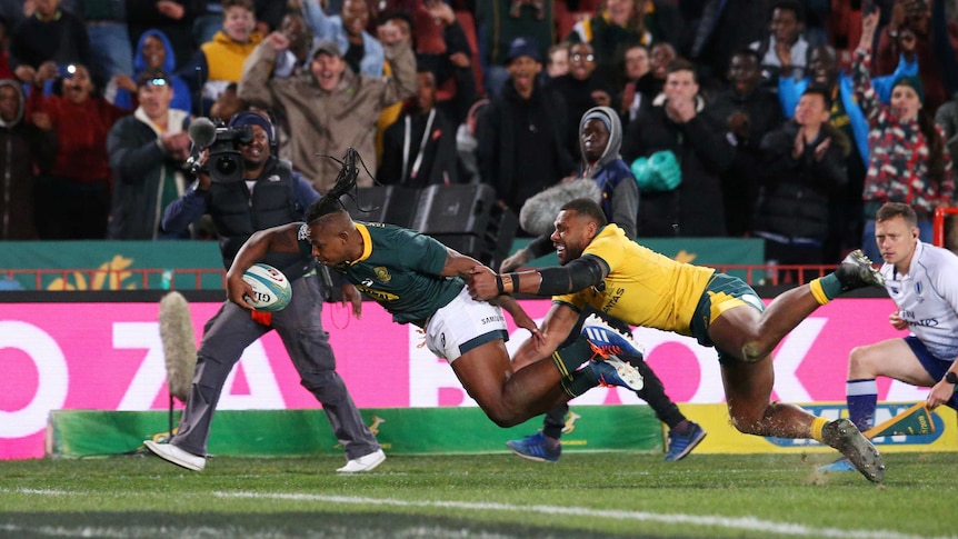 S'busiso Nkosi stretches to score a one-handed try as a Wallabies defender holds on