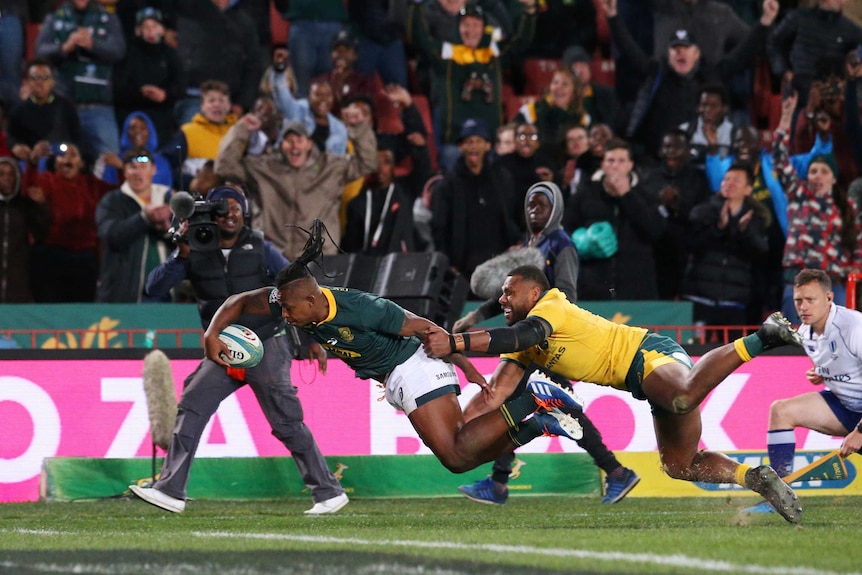 S'busiso Nkosi stretches to score a one-handed try as a Wallabies defender holds on