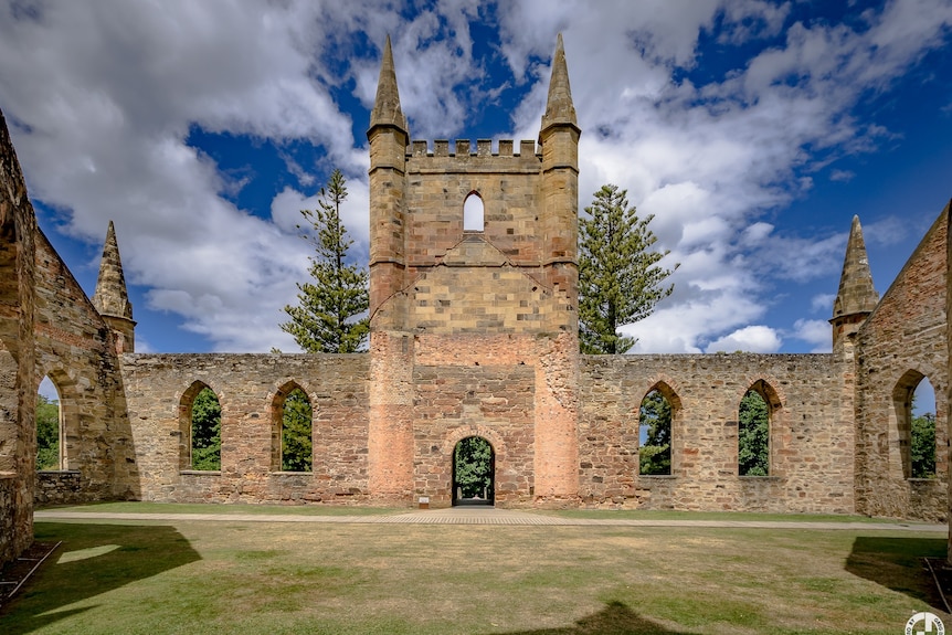 An abandoned but well-maintained church ruin. 