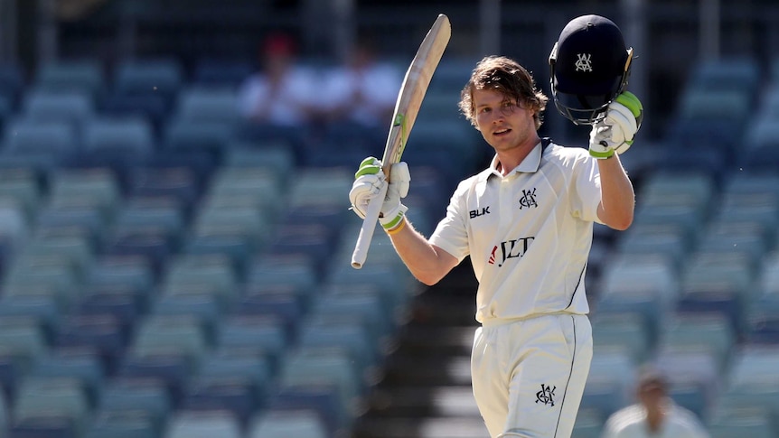 Victoria's Will Pucovski raises his bat after scoring a Shield double hundred