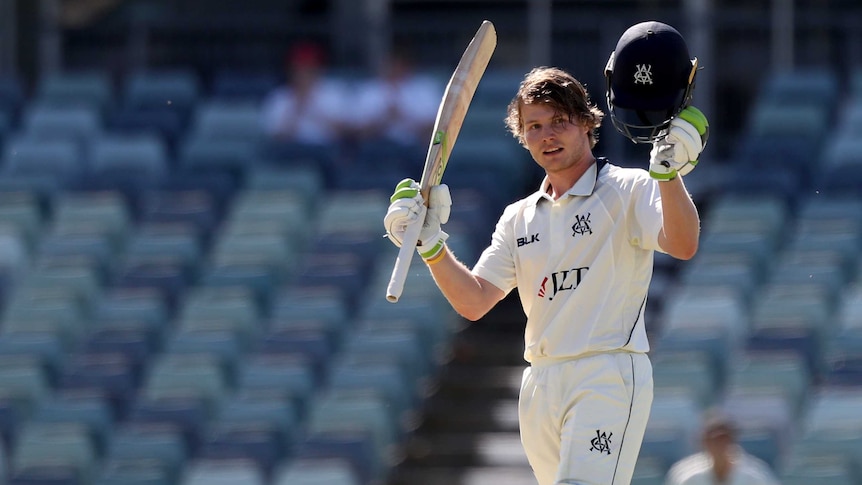 Will Pucovski raises his bat to acknowledge the WACA crowd after reaching a double century for Victoria.