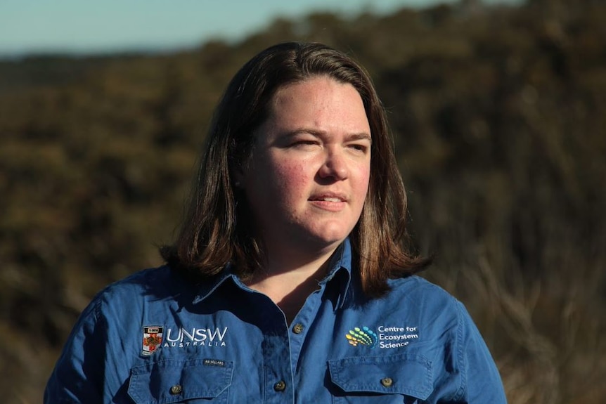 Kylie Cairns wearing a blue UNSW shirt, looking into the distance in bushland.