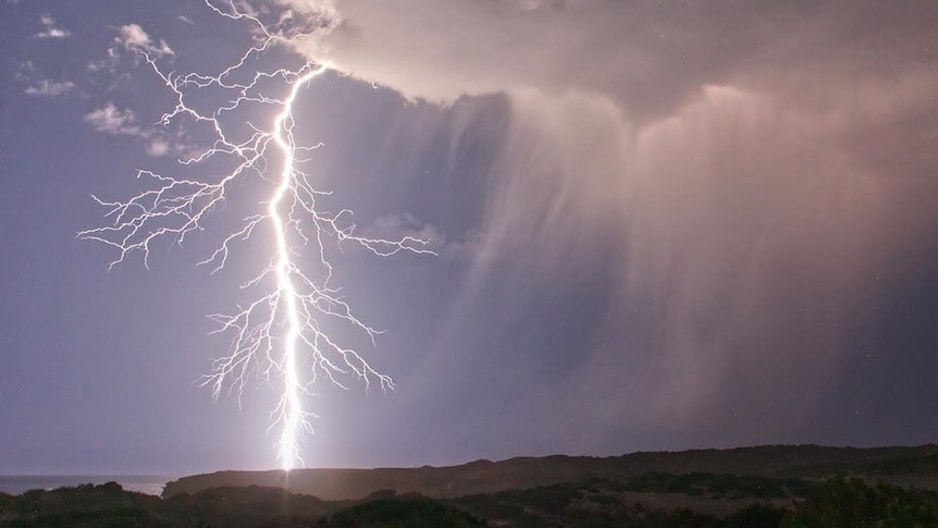 A lightning strike over landscape at Sheringa, on South Australia's Eyre Peninsula.