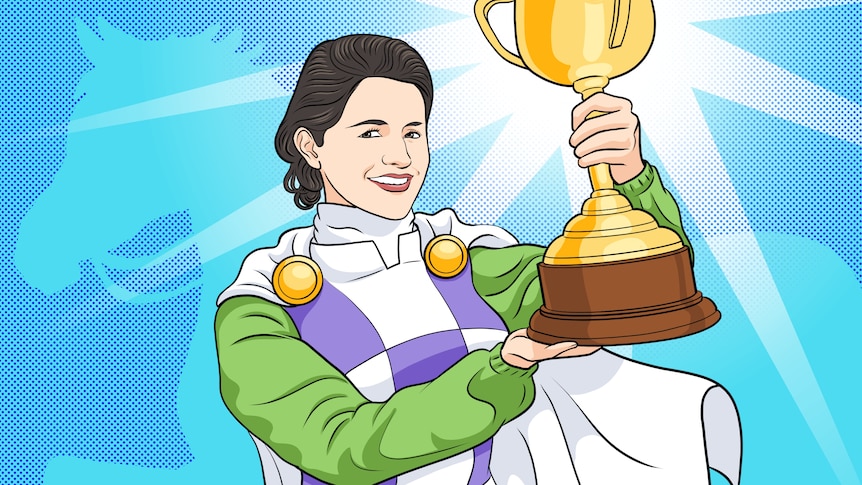 Illustration of Michelle Payne holding the Melbourne Cup