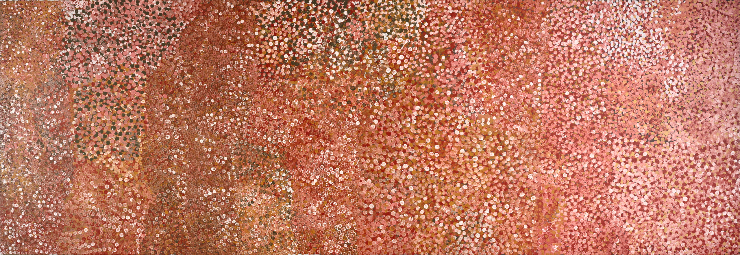 A vast rectangular canvas featuring a vivid traditional Aboriginal dot painting in ochre, red, yellow, brown and white paints.