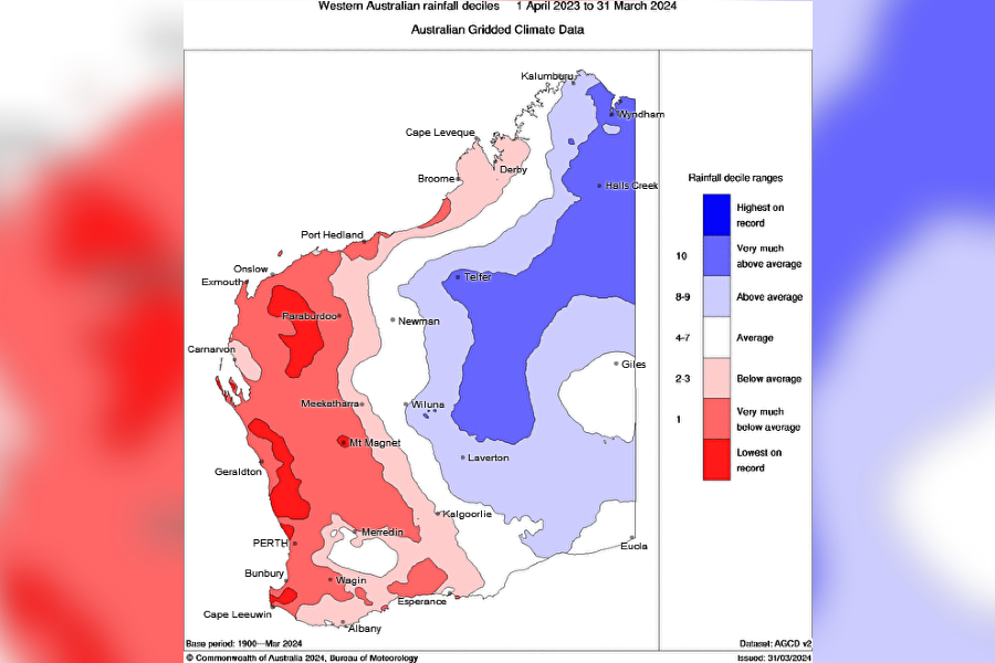 A graph of Western Australia with certain regions in red and others in blue depending on how much rain they have had.