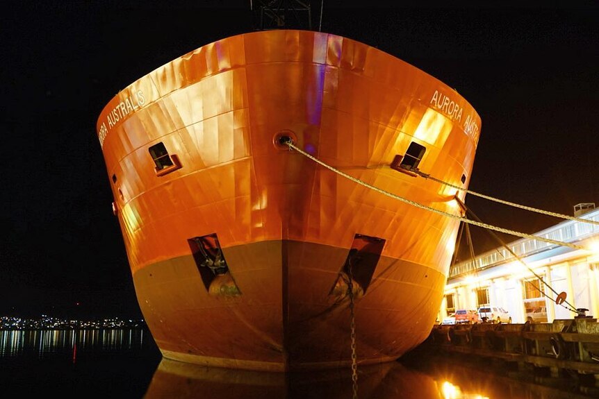 Night view of bow of big ship