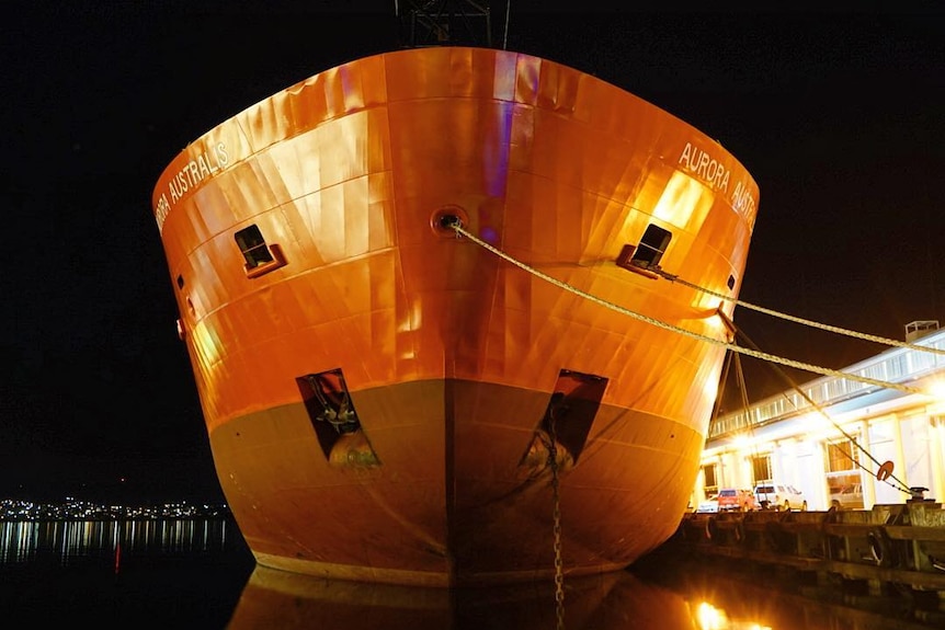 Night view of bow of big ship