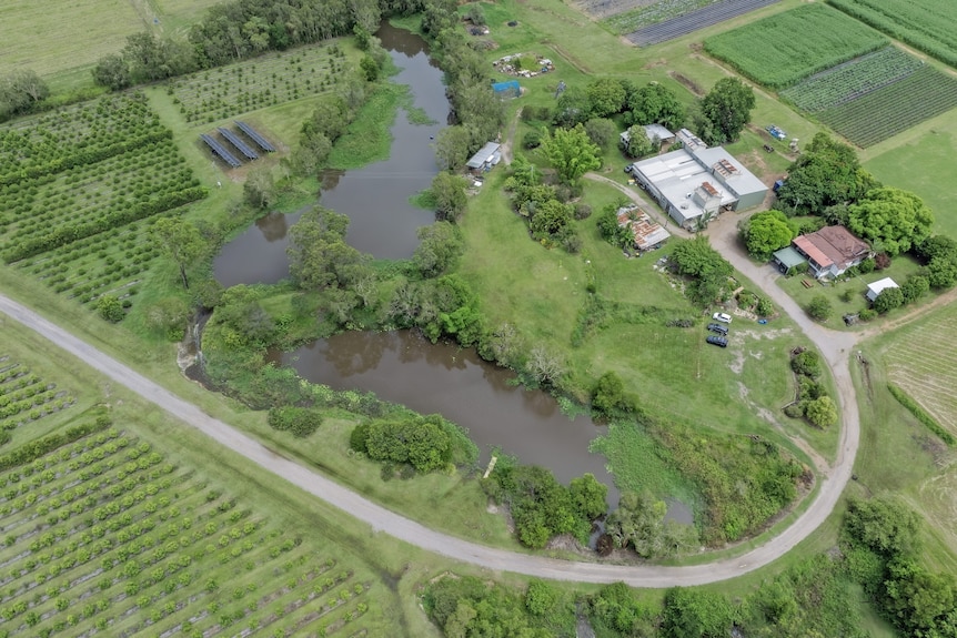 An aerial of the farm, showing the crops, dams, solar farms, sheds and house.