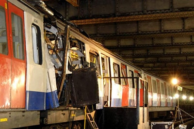 A London Underground train involved in an explosion at Aldgate station.