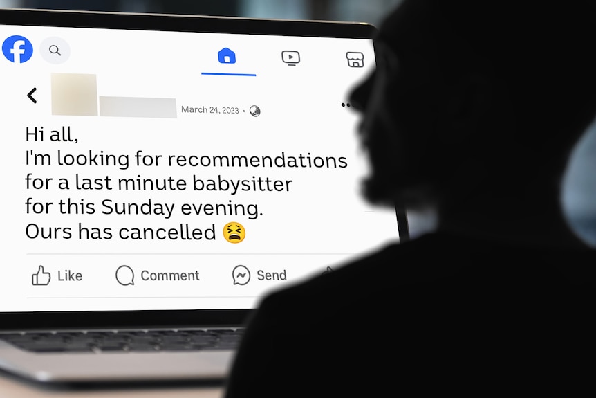 Man looking at a Facebook post about someone looking for a babysitter.