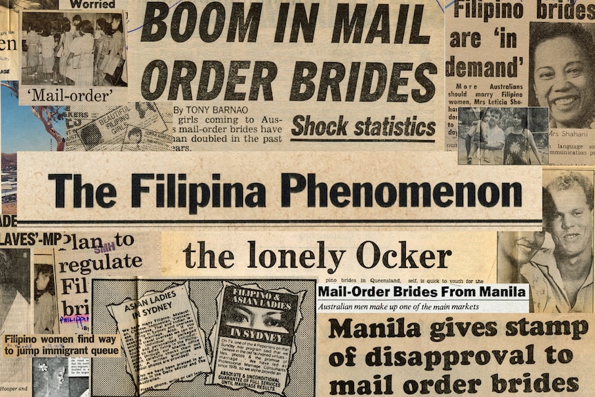 You view a collage of newspaper clippings about Filipina brides in Australia.