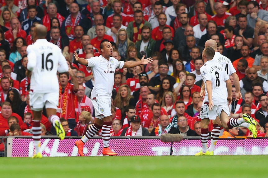 Gabriel Agbonlahor celebrates his goal against Liverpool
