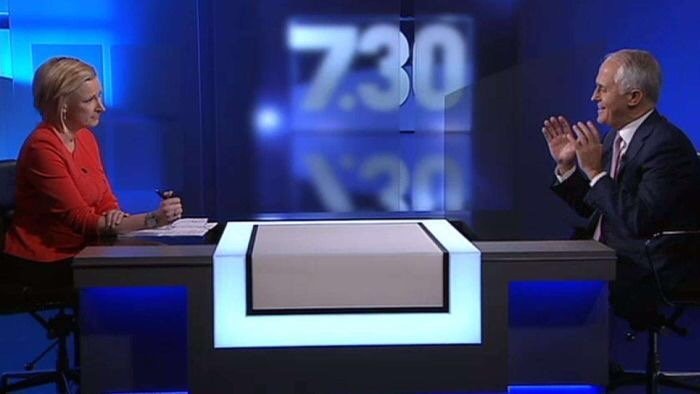 Leigh Sales interviewing Malcolm Turnbull on 7.30 set.