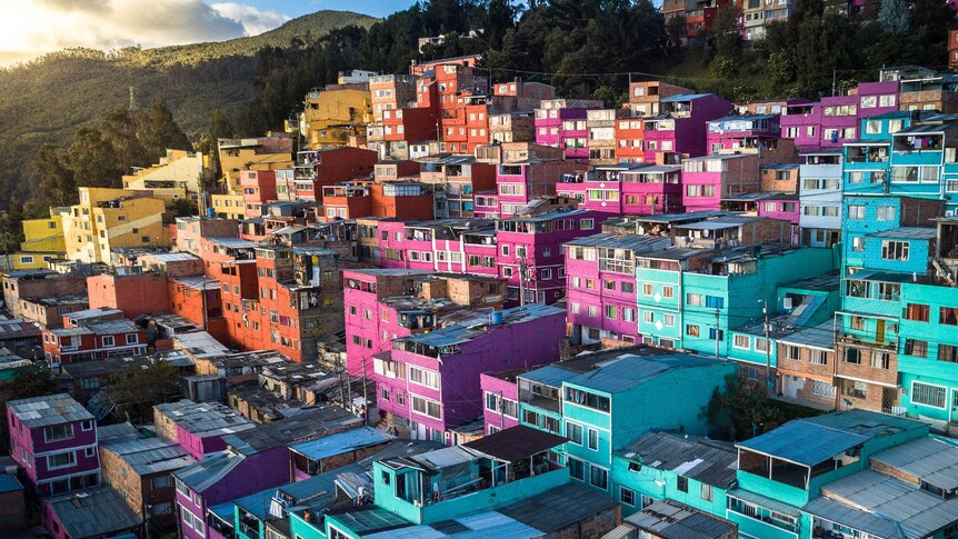 Colourful houses in the Los Puentes neighbourhood of Bogotá, Colombia.