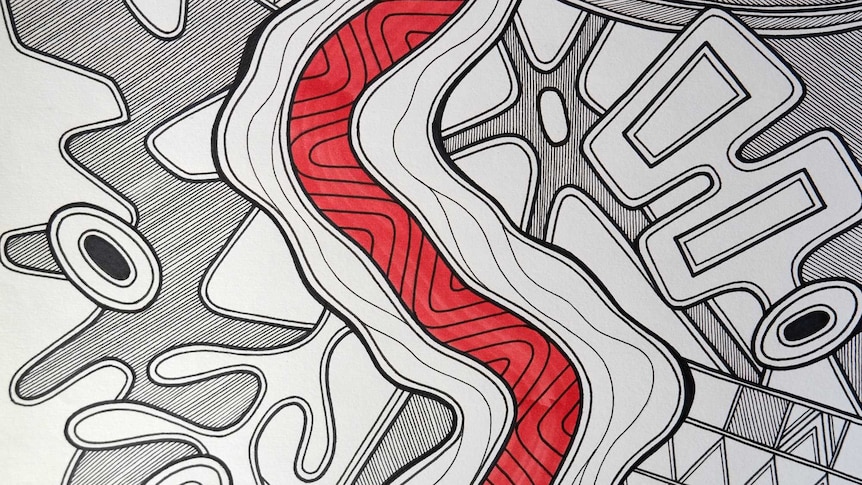 An abstract drawing of shapes and lines in black and white with a red curved line through the centre.