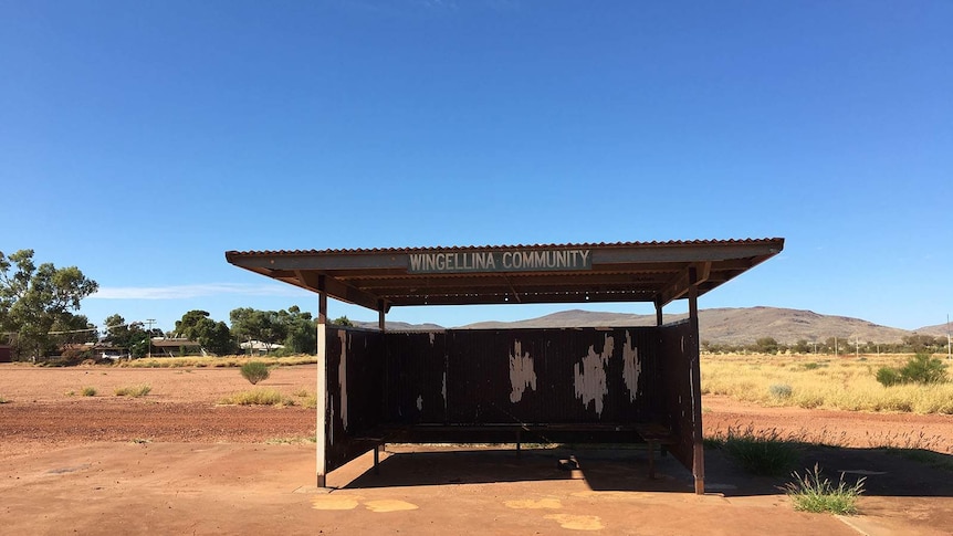 An air shed with the words 'Wingellina Community' in the remote community of Wingellina.