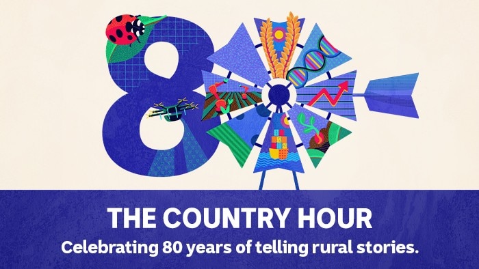 Illustration of 80 with the 0 in the shape of a windmill. Below: The Country Hour; celebrating 80 years of telling rural stories