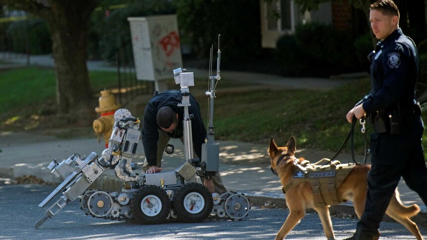 An officer from the bomb squad walks a dog.