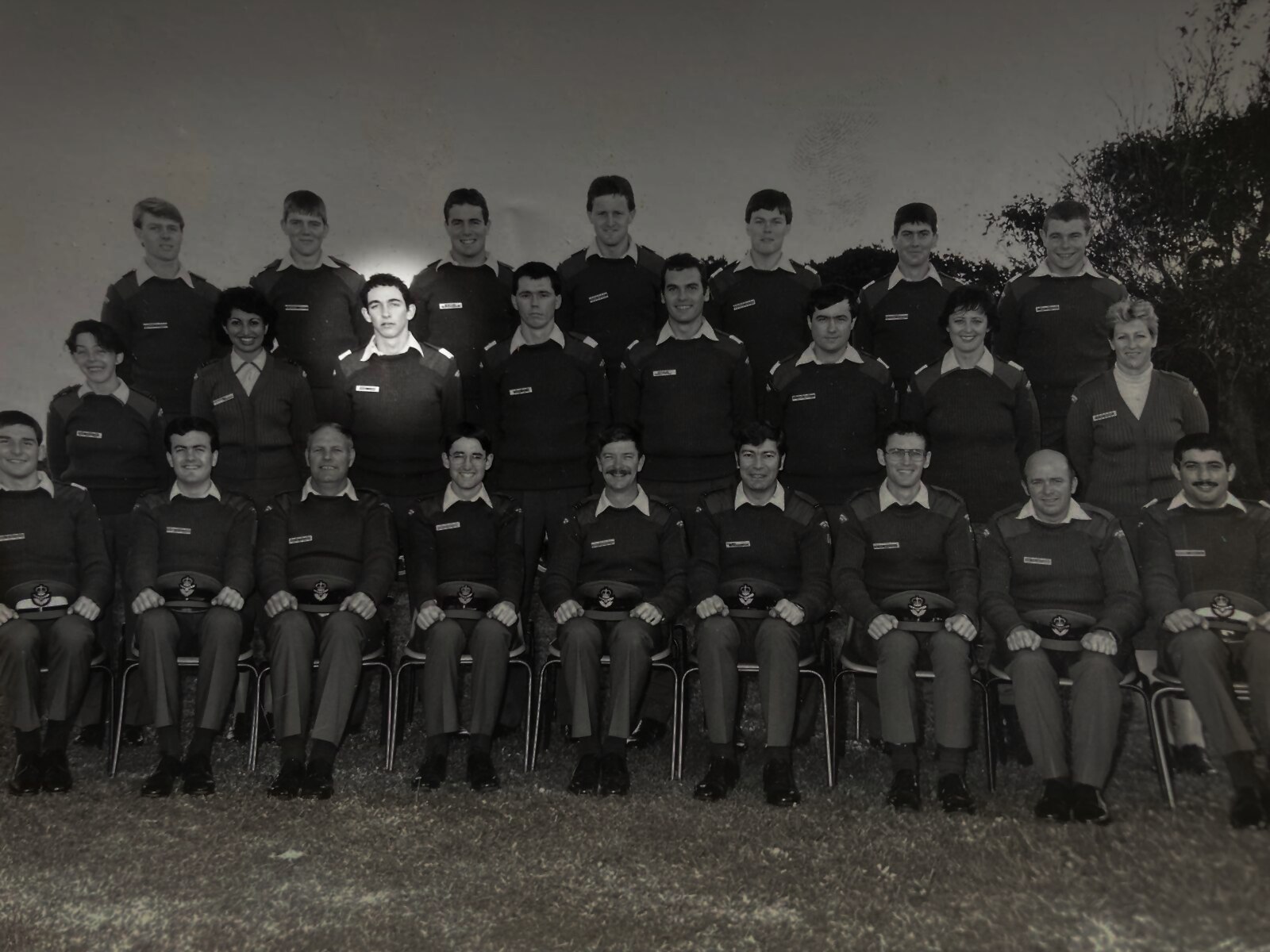 A black and white portrait of RAAF cadets, Greg Lynn highlighted in second row