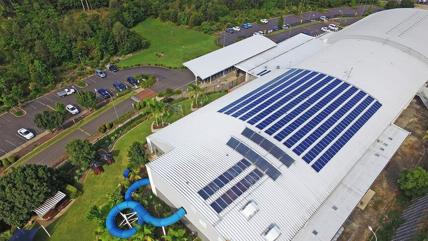 An aerial view of a solar farm on the Lismore leisure centre.