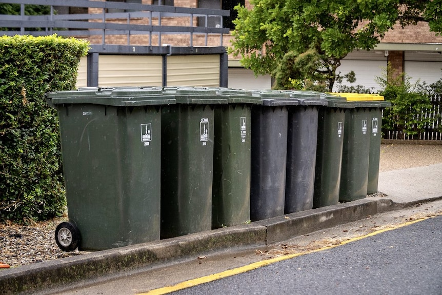 Nine green bins lined up on a curb. 