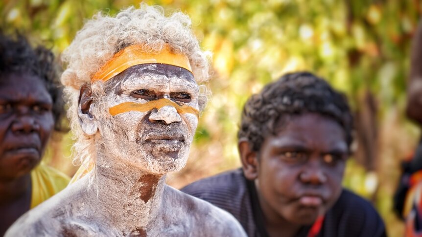 An Indigenous man is wearing traditional body paint at the 2017 Garma Festival in Arnhem Land.