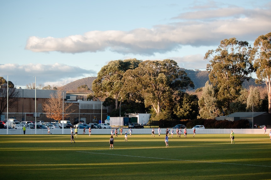 A wide shot of women playing Aussie rules on an oval.