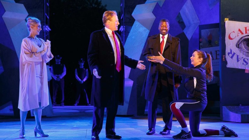 A 2017 production of Shakespeare's Julius Caesar in which Ceasar is being portrayed by a Trump-like character.