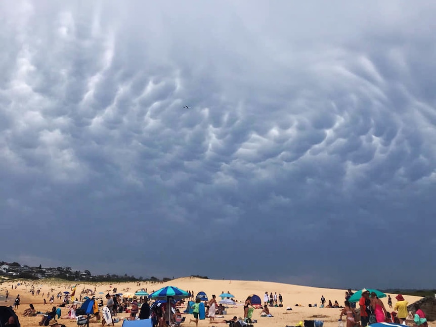 Beachgoers sit under colourful umbrellas on the sand as dark mammary-shaped clouds hang in the sky above them