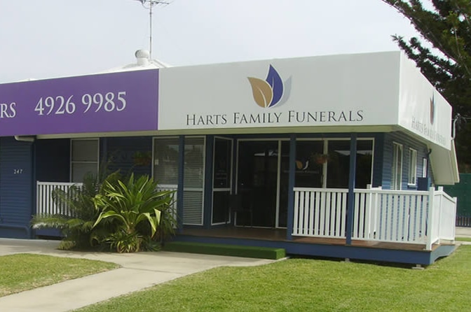 Exterior shot of the single storey building for Harts Family Funerals in Rockhampton.