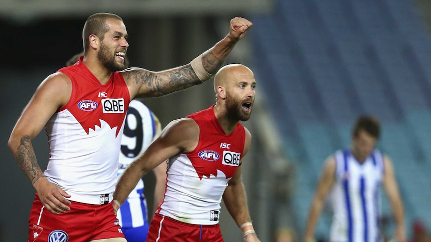 Sydney's Lance Franklin celebrates a goal against North Melbourne at the Olympic Stadium.