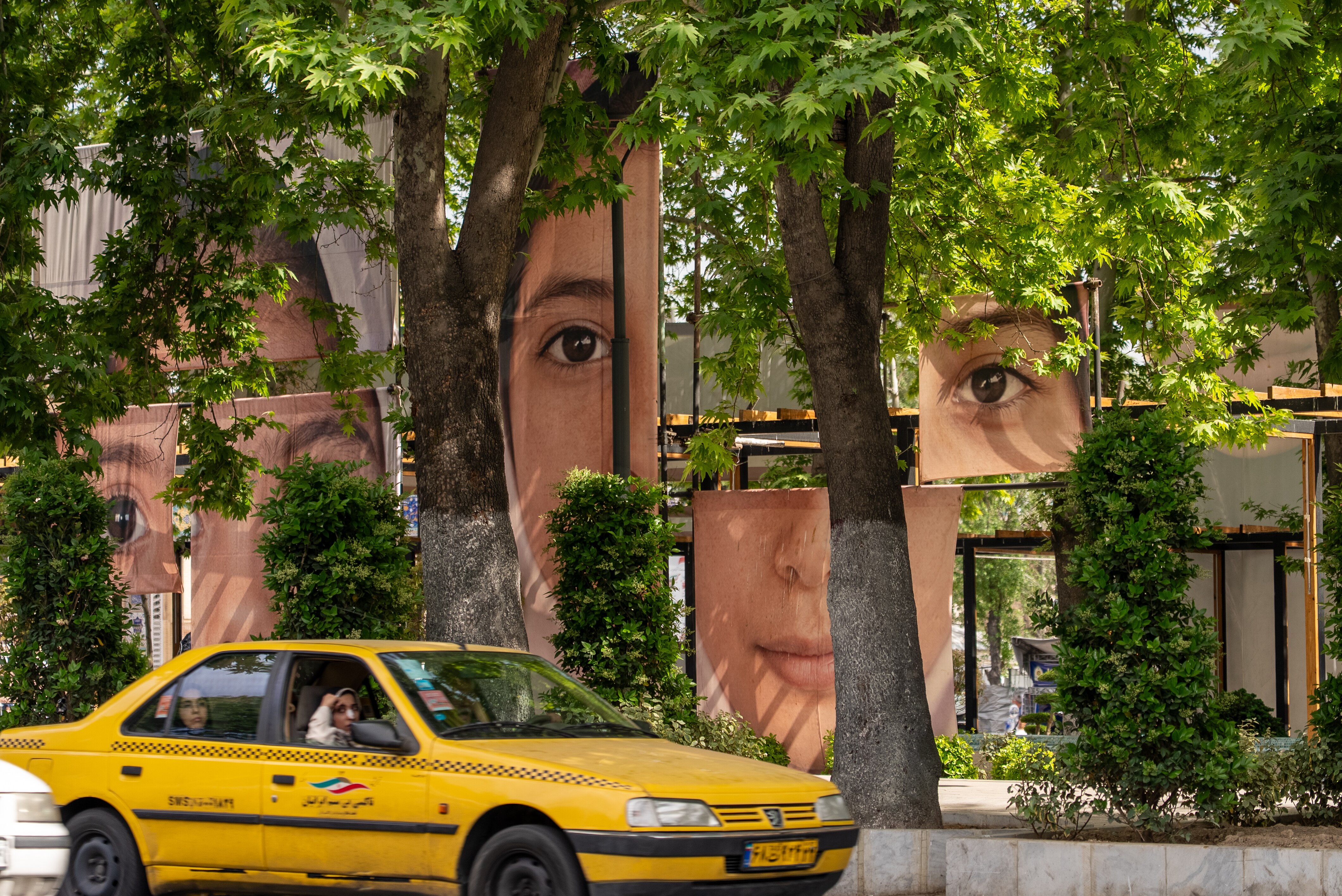 Large posters of children's faces on display in a public garden.
