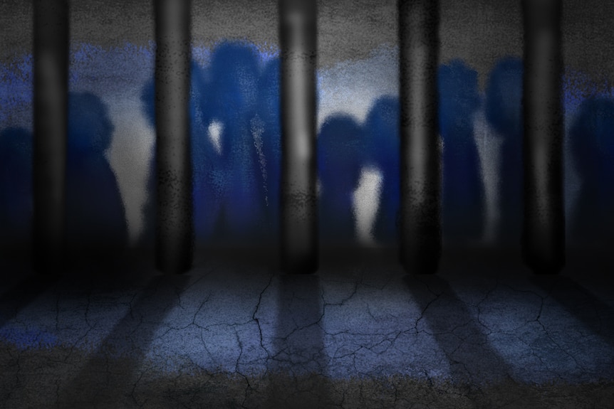 A graphic showing an artistic impression of shadowy images of people behind prison bars.