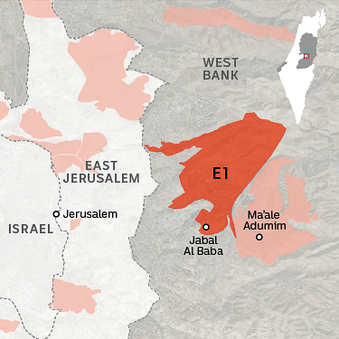 A map shows the settlement of Ma'ale Adumim and the city of Jerusalem, and between them a shape labelled E1