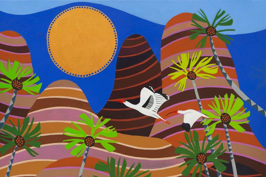 Painting of large dirt mounds, the sun, green plants, two large black and white birds.